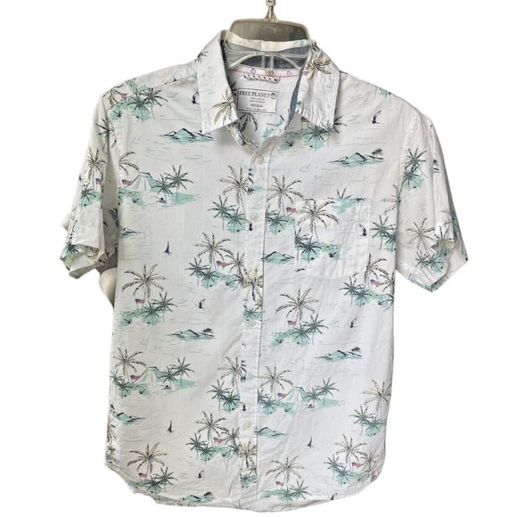 Free Planet Mens White SS Button Down Shirt Island Palm Trees Flag Aloha Medium - Picture 1 of 12